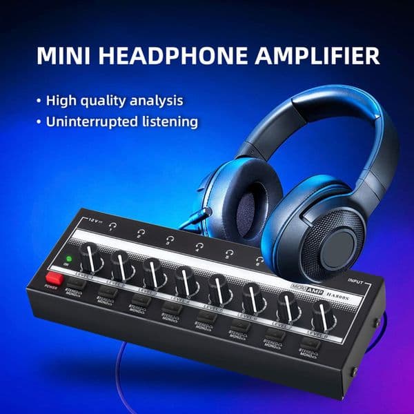 8 Channel Headphone Amplifier Ultra-Compact Sound Amplifier With Power Adapter HA800S Stereo Amplifier for Music Mixer Recording