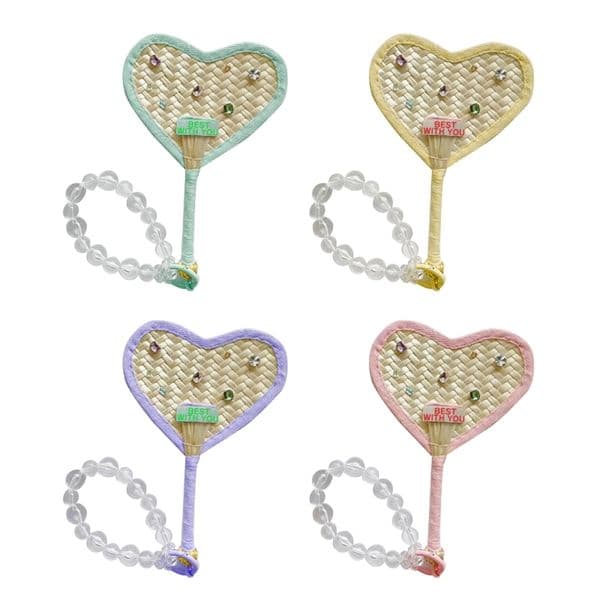 Hand Fan Heart Shape Summer Cooling Fans with Bead Chain Pendant DIY Natural Handmade Bamboo Fan Home Decoration