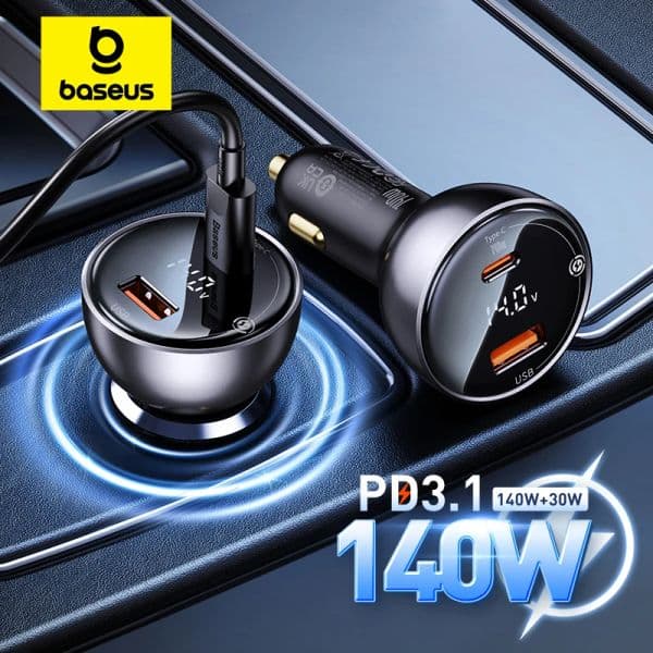 Baseus 140W PD3.1 Car Charger Fast 2025 Charging QC3.0 new Quick Charge For book Pro Laptop USB Type C Car Phone Charger For iPhone 15