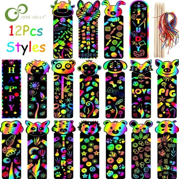 12Pcs Animal DIY Bookmark Handwriting Scratch Painting Creative Colorful Children's Painting Art Supplies Educational Toys XPY