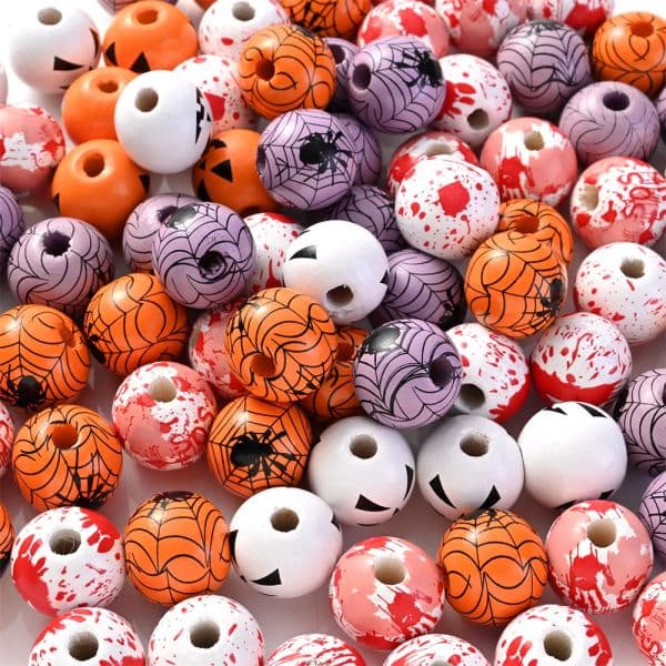 10pcs 16mm Wooden Spacer Beads Halloween Print Spider Foot Hand Bloodstain Pumpkin Mask Beads For Making Bracelet Necklace