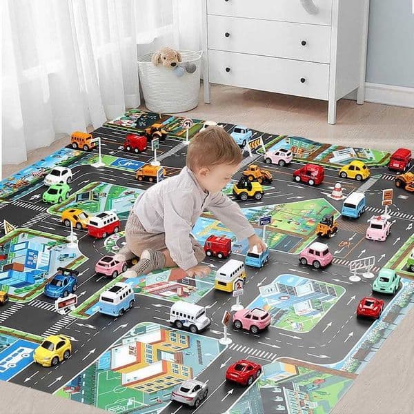 Magnetic Toy Mats Cartoon City Traffic Rug Baby Play Road Carpet 6 Toys Cars Children Christmas Birthday toy for 3 year old Party Gift Playmat Educational Mat