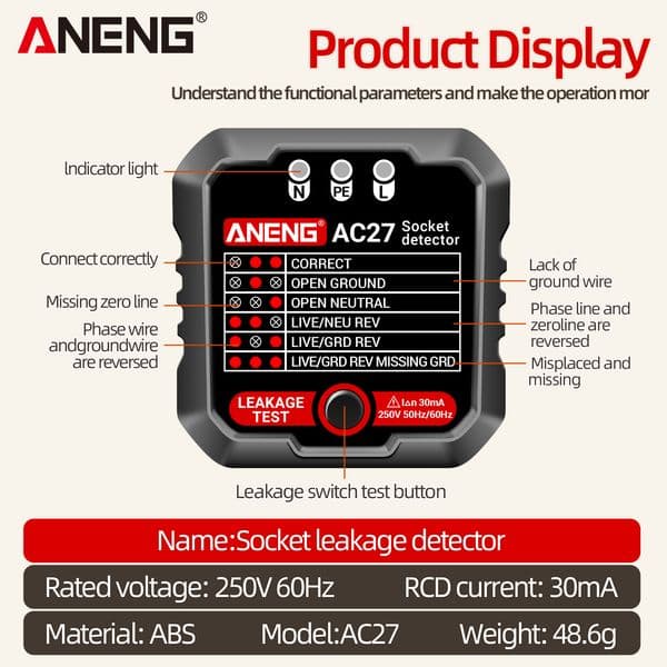 ANENG AC27 250V Socket Tester Receptacle Detector Leakage Plug Polarity Ground Line Automatic Electric Circuit Voltage Detector