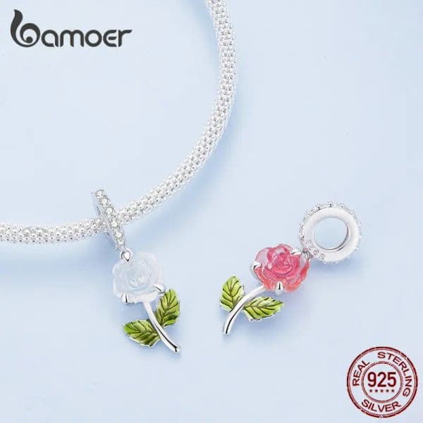 Bamoer Sterling 2025 Sier Rose Hanging Bead new Color Changeable Flower Pendant Charms for Women Bracelet and Necklace DIY BSC824