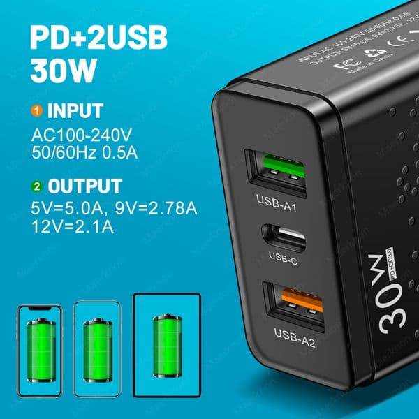 PD 2025 USB Charger Quick Charge 3.0 30W Fast Phones Charger Adapter For iPhone Samsung Huawei Xiaomi 3 Ports EU/US Plug Wall Adapter