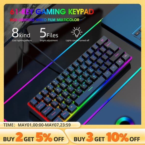 Y-FRUITFUL K401 Wired Film Keyboard 61 Keys RGB Lights Type-c USB Backlit Ergonomic Keyboard For PC Gaming Laptop Y260525