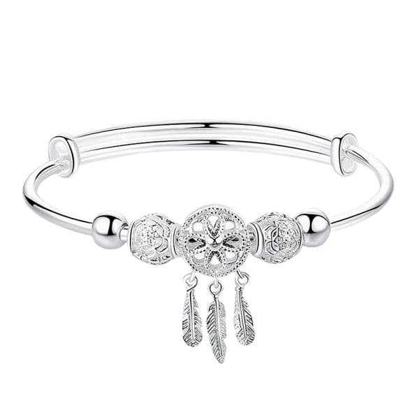 1PC Adjustable size Silver Color Bangle cuff Tassel Tassel Feather Round Bead Charm Bracelet jewelry For Women wedding