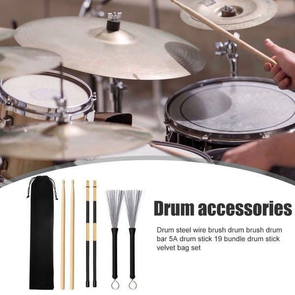 6psc/Lot Drum Sticks Brushes with Storage Bag Lightweight Wooden Drumsticks Set Steel Wire Portable Music Elements