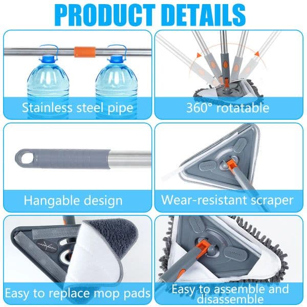 Wall Mop with Long Handle 360 ° Rotating Triangle Microfiber Wall Cleaning Mop Adjustable Dry and Wet Dust Mop Cleaner for Floor