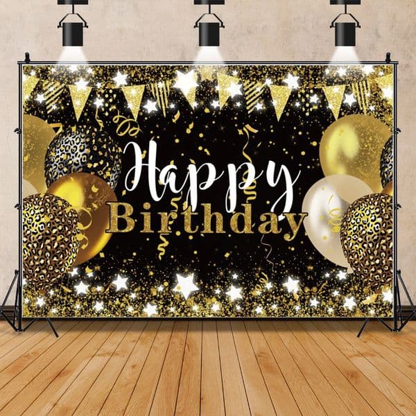 Laeacco Gold Balloons Happy Birthday Photo Backdrop Ribbons Polka Dots Party Poster Portrait Photography Background Photostudio