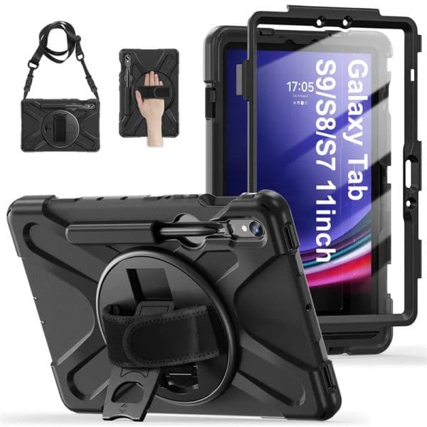 Shockproof Tablet Cover Cases For Samsung Galaxy Tab S7/S8/S9 11" S10U/S9U 14.6" S9FE+/S10+ 12.4" Case Hand Strap 360 Rotation Stand Cover with Shoulder Strap + Screen Protector