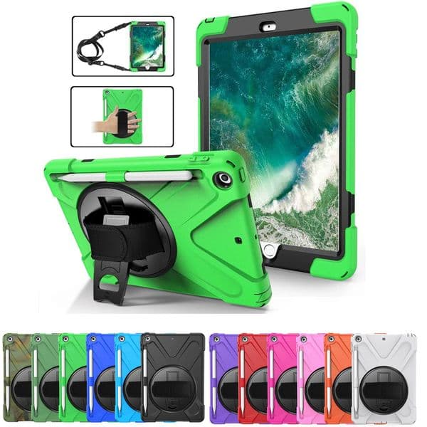 For iPad 9.7 inch Tablet Cases PC Silicon Hybrid Shockproof 360 Rotating Kickstand Cover with Hand Belt Shoulder Strap Protection Case A1822 A1823 A1893 A1954