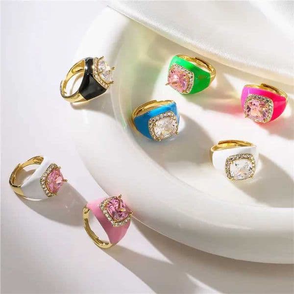 HECHENGMulticolor Enamel Dripping Oil Zircon Open Ring For Women Adjustable Gold Plated Chunky Finger Rings Gift J260411