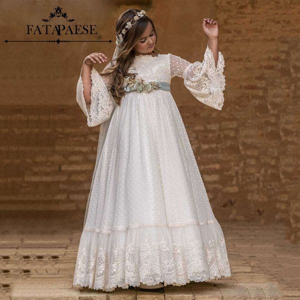 Communion Flower Girl Dress For Kid Vintage Princess Lace Floral Ribbon Belt Bridemini Wedding Bridesmaid Cotton Gown 0528