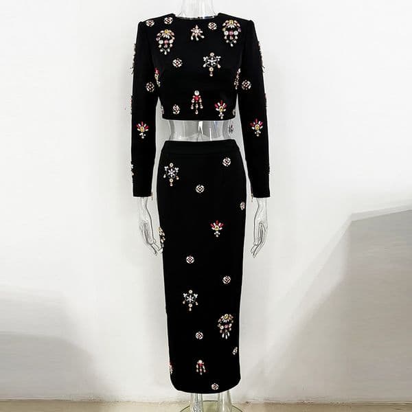 2026 White /Black Beads Crystals Women's Two Pieces Dress Designer Long Sleeves O neck Women Shirts And Long Skirts Sets 52811