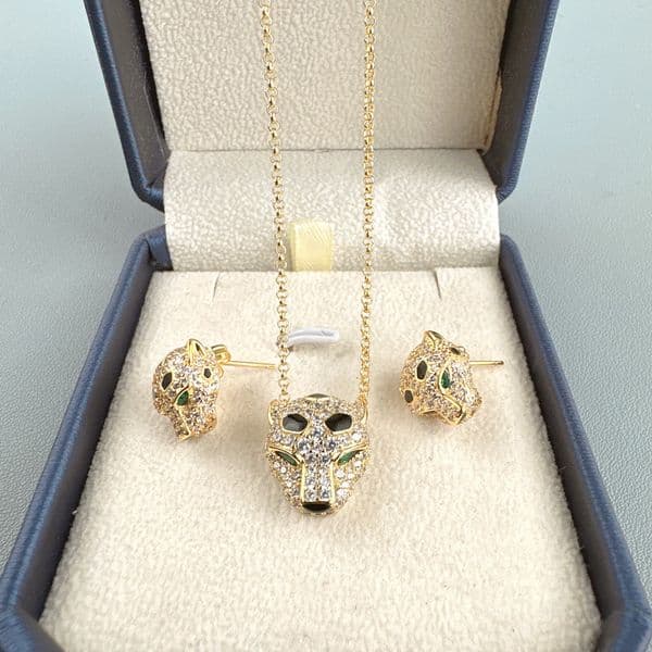 Designer Collection Fashion Style Earrings Necklace Men Women Lady Inlay Full Diamond Black Speckles Leopard Head Pendant Chain Jewelry Sets