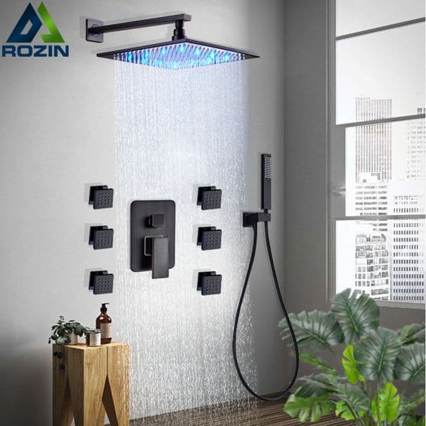 Black Bronze LED Shower Set Wall Mounted Rainfall Shower Faucet Mixer 6pc Body Massage Jet Bathroom Shower Tap with Handshower
