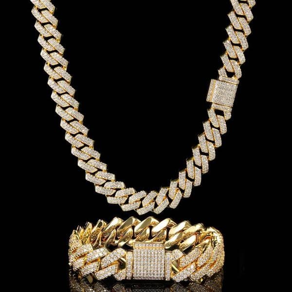 14mm Hip Hop Miami rhombus Cuban Chain Necklace Bracelets Jewelry Gold Plated