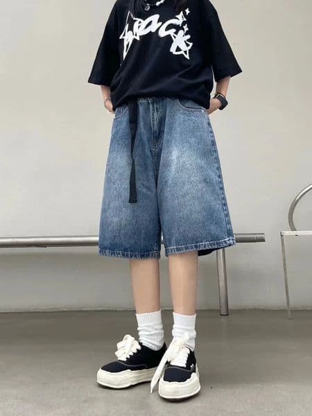 High Street Retro Blue Jeans Shorts Summer Baggy Wide Leg Denim Half Pants Fashion Streetwear Y2k Clothing Oversize Man 240528
