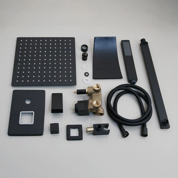 YANKSMART Matte Black 8~16" Square Bathroom Shower Faucet Combo Set Rainfall Shower Bath Wall Mounted Mixer Shower Tap Set