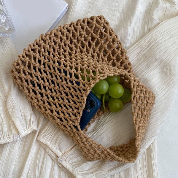 Totes Bag Knitting Crochet Beach Handbag Hand Woven Hollow Out Shoulder Bag Straw Rope Underarm Bag for Women Birthday Gifts