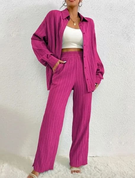 Women Pant Sets Two Piece Turn Down Collar Solid Long Sleeve Single Breasted Pockets Casual Elastic Waist Wide Leg Pleated 240514Z