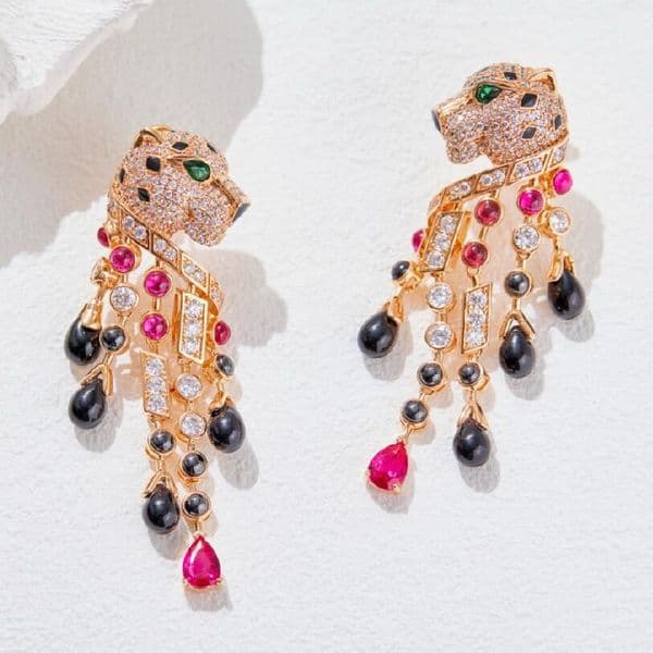 Designer Collection Fashion Style Earrings Women Lady Inlay Full Diamond Leopard Head Pear-shaped Cubic Zirconia Tassels Ear Clip