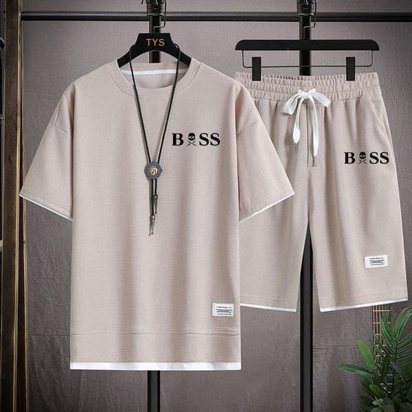 Men's Tracksuits Short-Sleeved T-Shirt Set Casual Sportswear Waffle Shorts