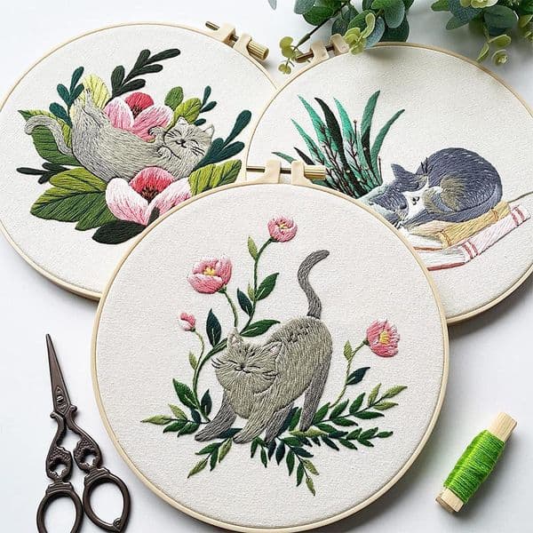 DIY Cat Pattern Embroidery Starter Kit With Embroidery Hoops Threads Needles Cross Stitch Kits For Beginners Lover