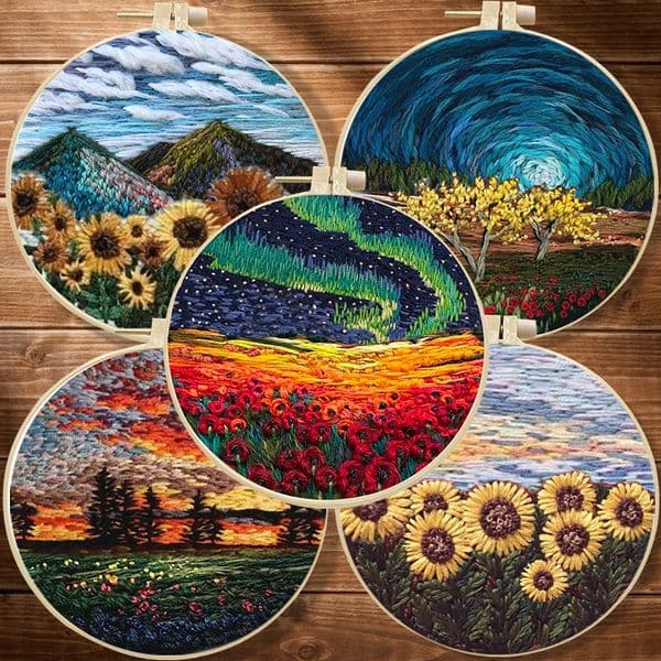 Starter Embroidery Kit Scenery Pattern Diy Beginner Embroidery Kits Handcraft Needlework Sewing Hand Cross Stitch Set No Hoop