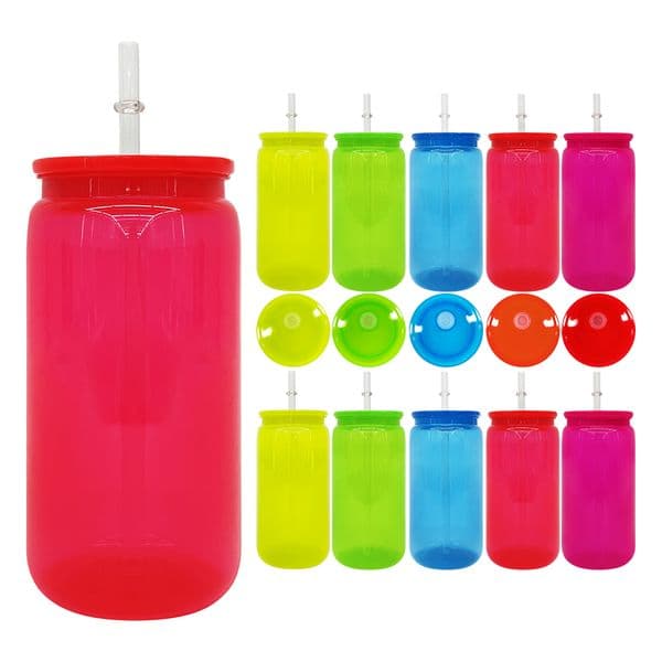 Recyclable neon fluorescent colored 16oz plastic Acrylic soda Iced Coffee can cold drink water bottle with colorful pp lids for UV DTF wraps