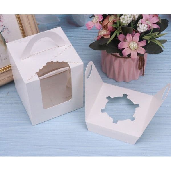 20 Pcs Single White Cupcakes Containers Gift Boxes with Window Inserts Handle for Wedding Candy Boxes