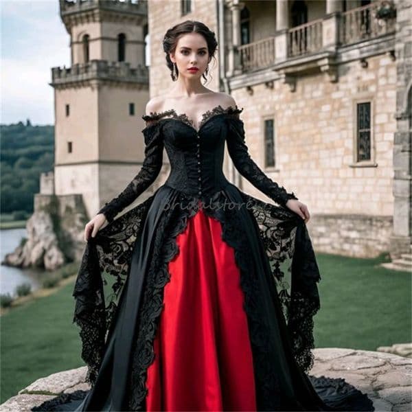 Medieval Victorian Gothic Black Wedding Dresses 2024 Renaissance Princess Long Sleeve Celtic Lace Off Shoulders Bridal Gowns Appliques Lace Wiccan Country Bride