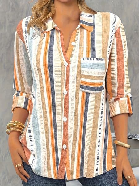 Plus Size Casual Blouse Womens Stripe Print Button Up Long Sleeve Turn Down Collar 240531