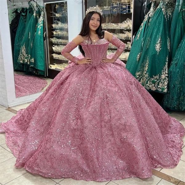 Pink Shiny Sweetheart Beaded Quinceanera Dress Two Gloves Princess Crystals Corset Dresses Appliques Beads Ball Gown