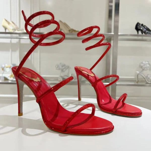 Rhinestone stiletto sandals Snake Strass 95mm Red Cleo Wedding Evening shoes women's high heels Ankle Wraparound designer shoes Party dress shoes With box 34-43