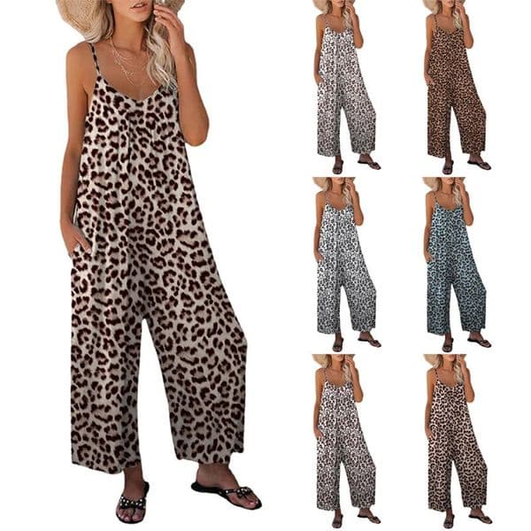 2023 Summer Womens Pants Cross Border Leopard Pattern Pocket Loose Casual Strap Jumpsuit 241121Z