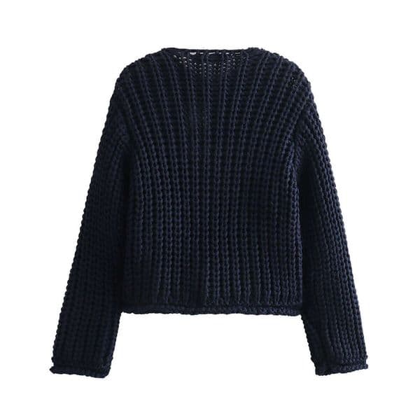 women's European American solid color single breasted double pocket short coarse knitted sweater jacket B66004 2024 new style chic and elegant clothing