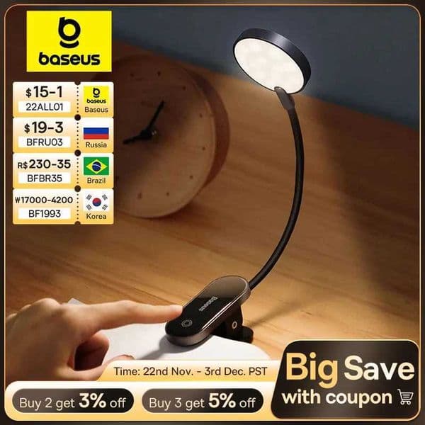 Baseus LED Clip Table Lamp Stepless Dimmable Wireless Desk Lamp Touch USB Rechargeable Reading Light LED Night Light Laptop Lamp Z241130