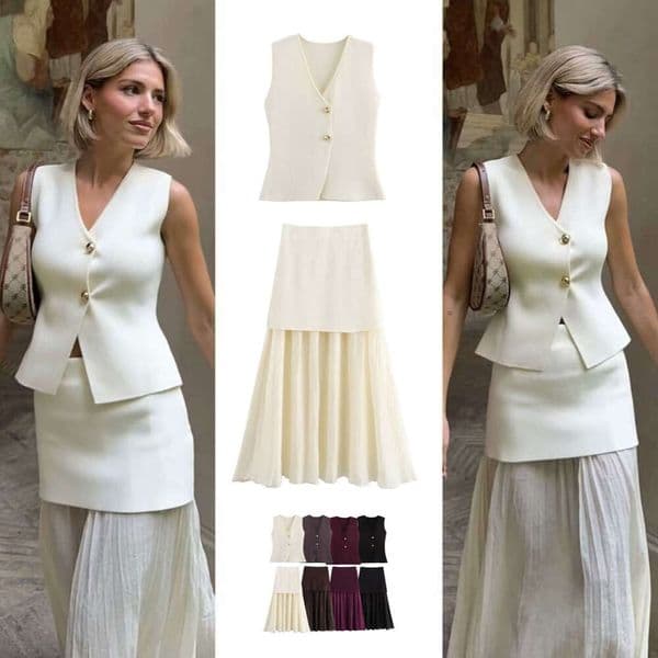 European and American women's summer product V-neck gold button knitted vest+pleated half skirt set 2024 temperament versatile new trendy clothing ins
