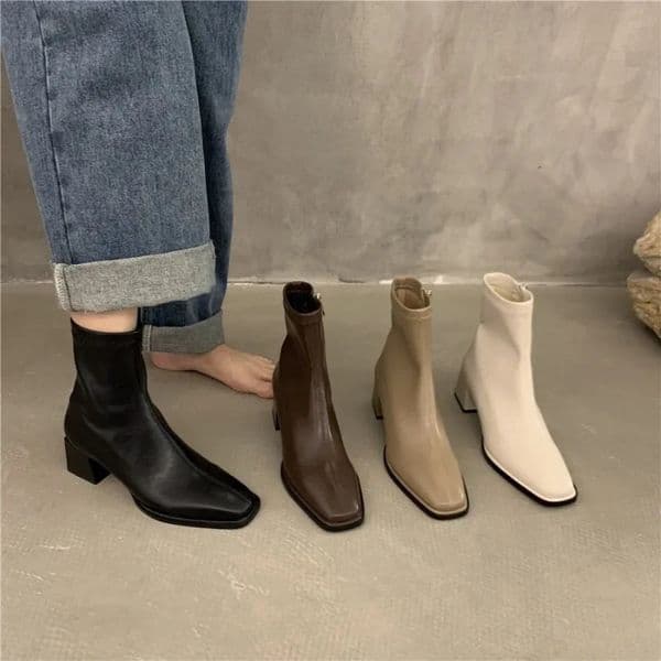 Autumn Winter Fashion Heel Ankle Boot Square Toe Zipper Ladies Casual Chelsea Boots Shoes Soft Leather Short Boot 241202