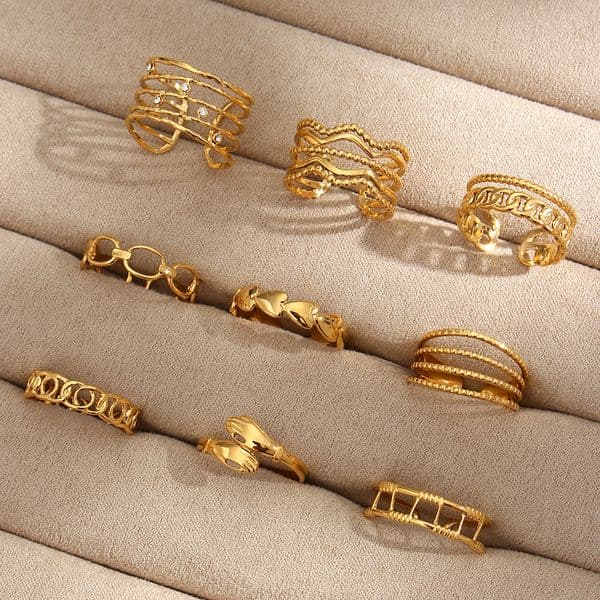 E.B.belle Hollow Chain Wave Heart Irregular Geometric Tarnish Free Stainless Steel 18K Gold Plated Adjustable Rings For Women