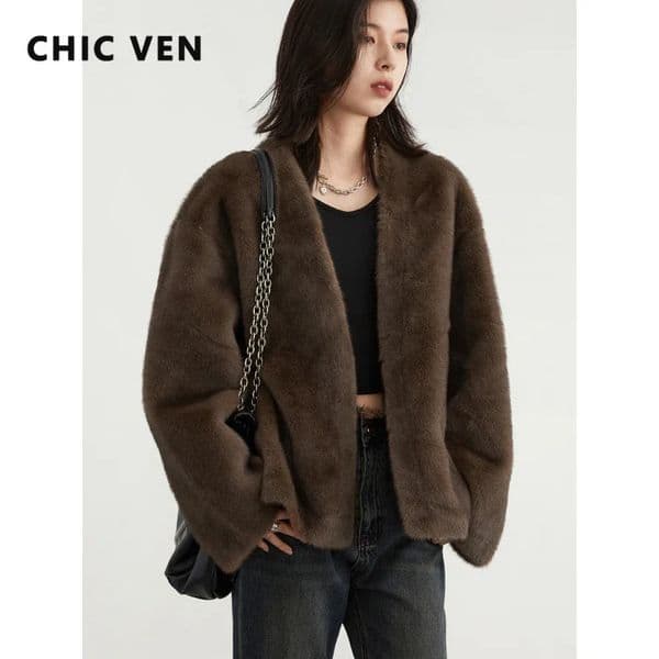 CHIC VEN Women Jacket Loose Casual Solid Overcoat Female Plush Coat Vneck Woman Warm Outerwear Autumn Winter 2024 241121Z