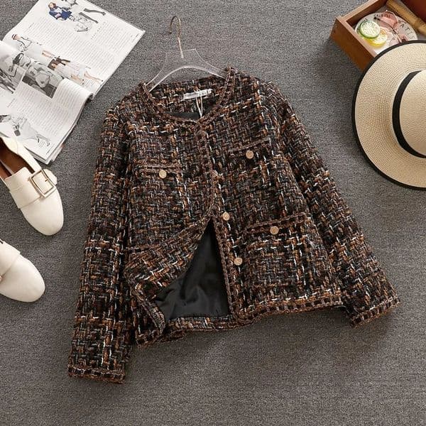 Woolen Jacket Womens Short Autumn Winter Korean Temperament Slim Ladies Tweed Singlebreasted Plaid Highquality Coat 241202