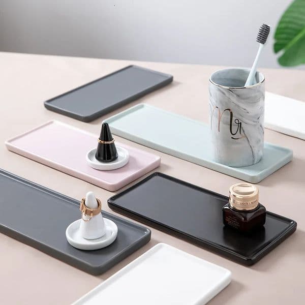 Ceramic rectangular display tray oral rinsing cup tray bathroom storage tray home decoration 241203