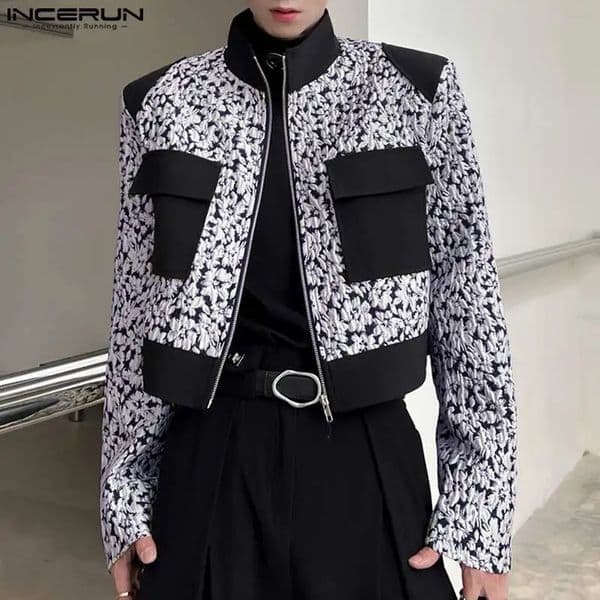 Mens Jacket Printing Patch Work Stand Collar Long Sleeve Crop Coat Mens Street Clothing Zipper Autumn Fashion Casual Jacket INCERUN 241203
