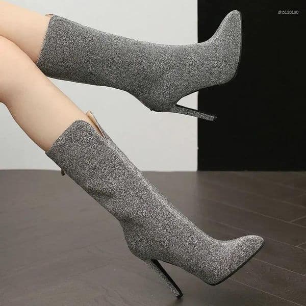 Boots Big Size 34-50 Glitter Bling Green Silver Party Pointed Toe Spike High Heels Mid-calf Front V-cut Design Women Shoes