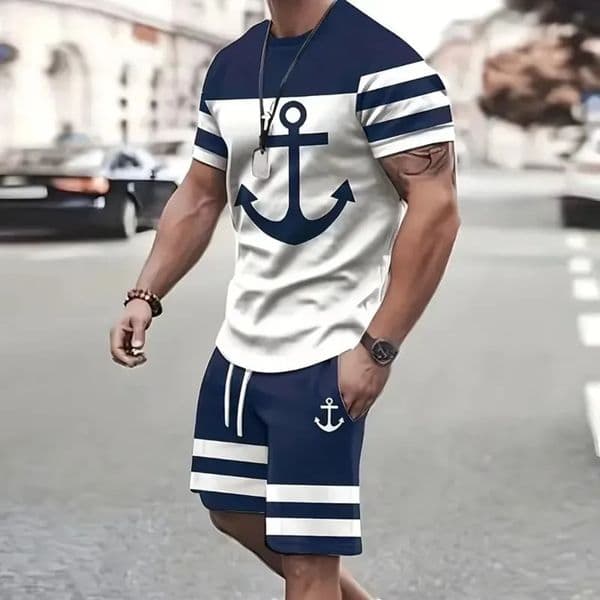 2 Piece Suits Mens Casual Pattern Printed Short Sleeve T Shirt and Track Shorts Set Holiday Lounge Beach Sports Suit Fitness 241204