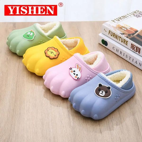 Yishen Childrens Slippers Cotton Shoes Winter Cute Cartoon Bear Claw Slippers Boys and Girls Waterproof Indoor Chaucer Down Baby 241204