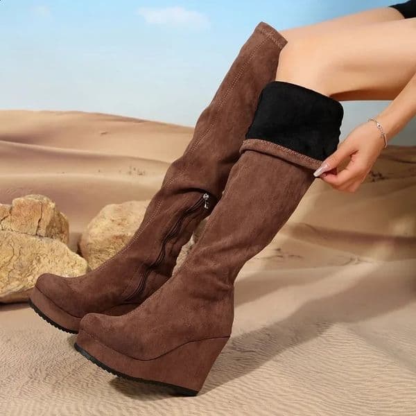 Womens high heels 2024 trend suede high heels autumn and winter platform wedge Chelsea womens thick soled boots 241203